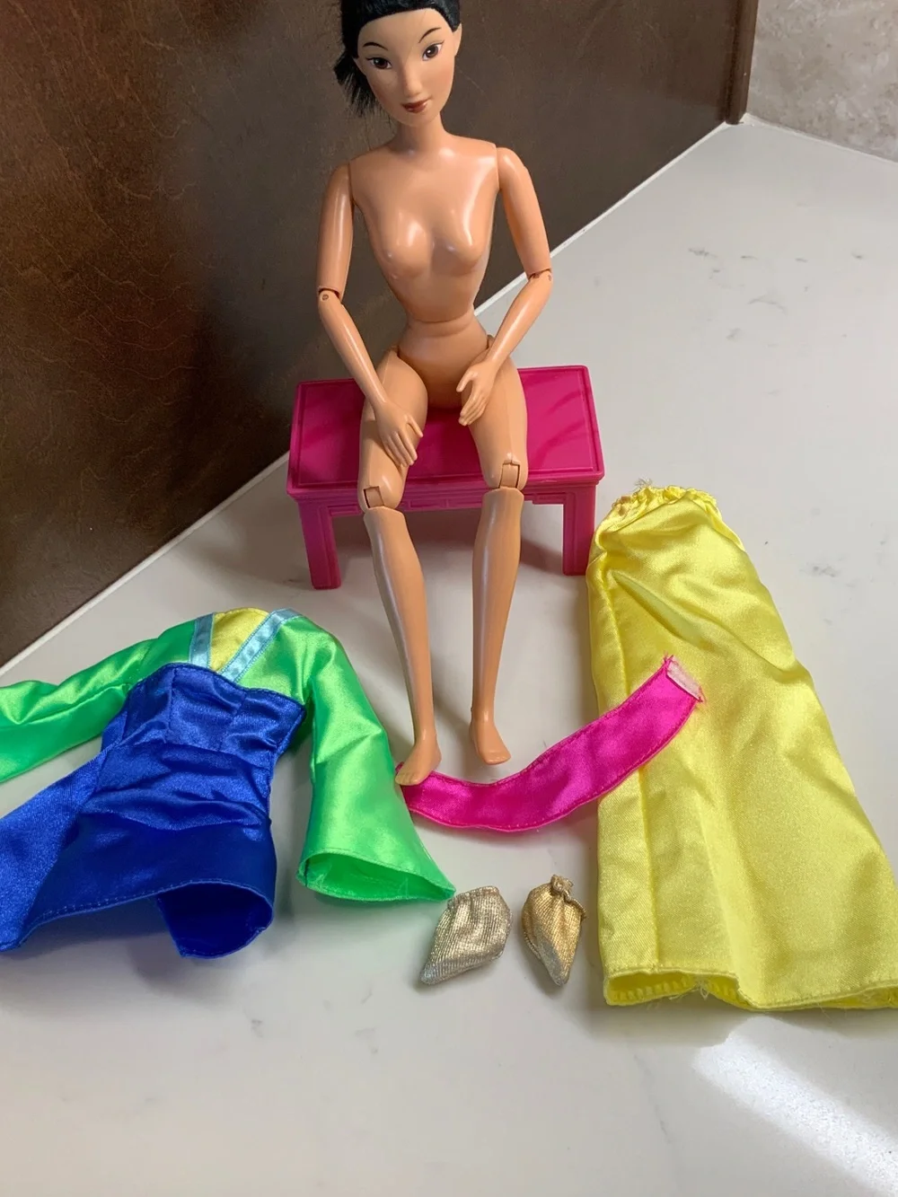 Disney Mattel Mulan Barbie Doll and Accessories-Tea Table, Bench Cricket Cage